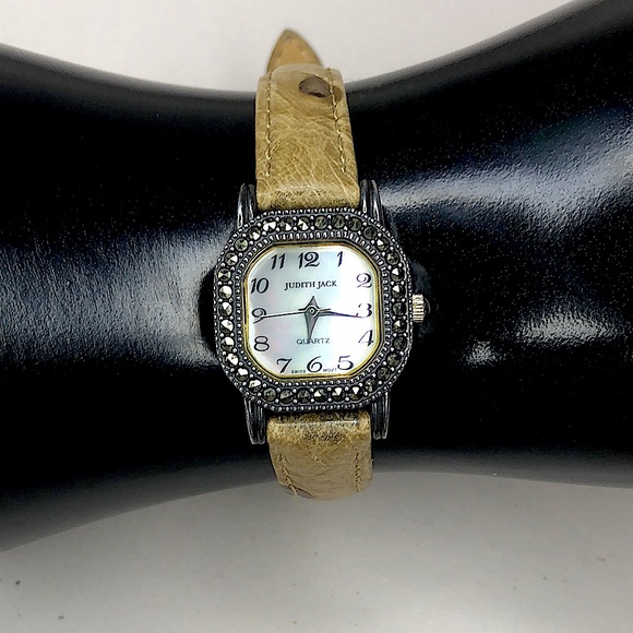 JUDITH JACK Swiss Movement MOP Face Marcasite Bezel Alligator Band Watch NWOT - Picture 11 of 17